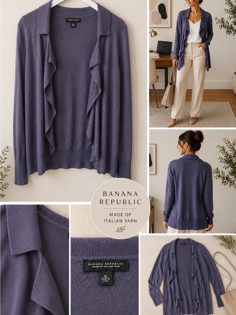 Cashmere Blend Cardigan Dark Purple Ruffle-Trim Banana Republic Medium